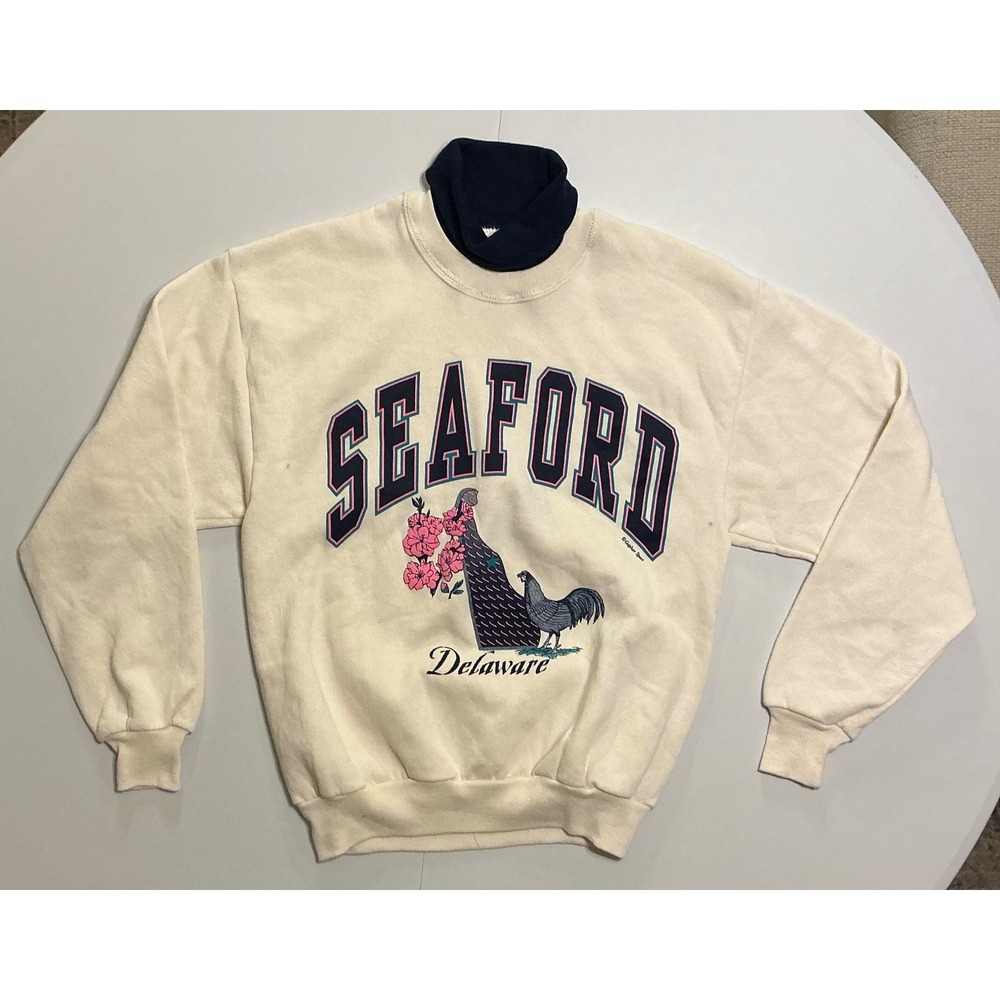 VTG USA Made Seaford Delaware Blue Hen Pink Floral Sweatshirt Turtleneck Cream M